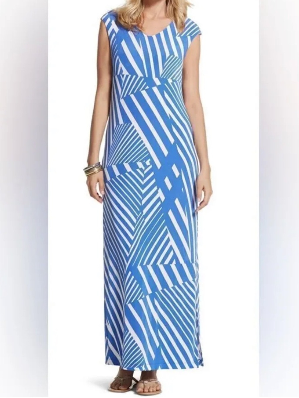 NWOT Chico's Travelers Geometric Striped Maxi Dress Blue White Size 1 Medium